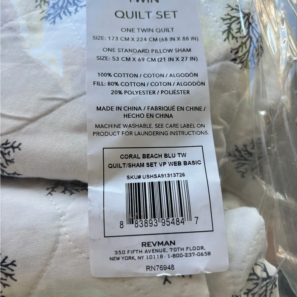 Nautica Coral Beach Blue Twin Quilt Set – 100% Cotton Coastal Bedding w/ Sham